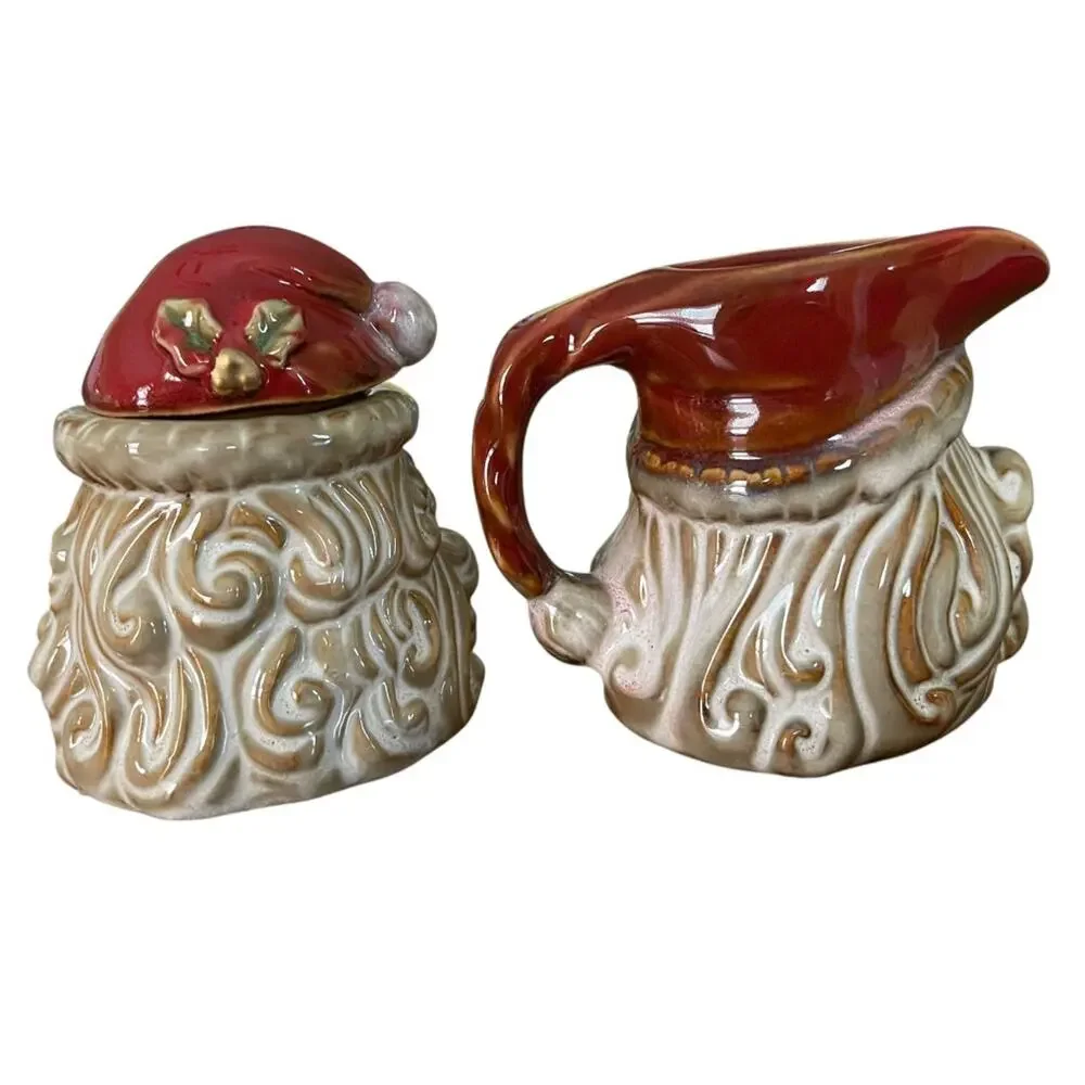 Holiday Santa Ceramic Creamer and Sugar Set Retro Look New